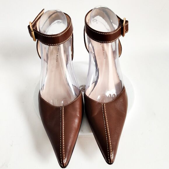 Y2K 90s Anne Klein Heels Size 9 Brown Leather Pointy Toe Ankle Strap 3" Stiletto - Picture 6 of 12